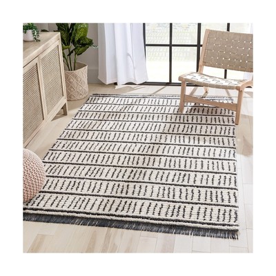 Well Woven Maya Viho Ivory Geometric Stripes High-Low Textured Fringed 6'7'' x...