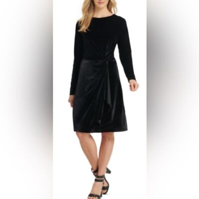 DKNY Small Black Velour/Velvet Crewneck Twisted Front 3/4 Sleeve Cocktail Dress