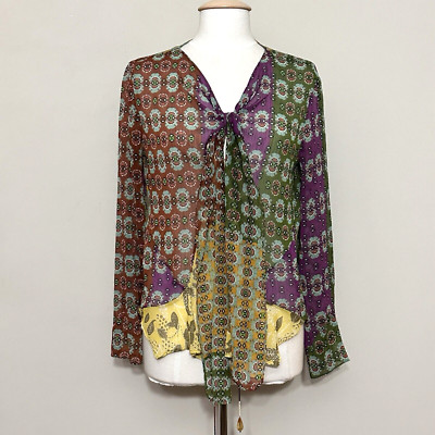 Zara Womens Top Large Colorful Sheer Pattern Patchwork Beaded Tie Boho Hippie