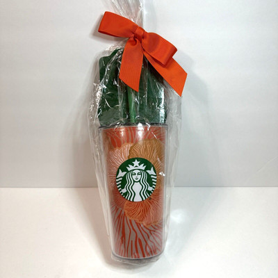 Starbucks Tumbler Orange Gold Flowers 16 ounce Cold Brew green Lid and Straw NWT