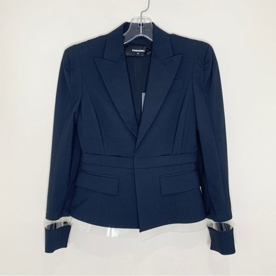NEW DSquared2 Sheer Panel Cropped Stretch Wool Blazer (Sz IT 38) Navy Blue