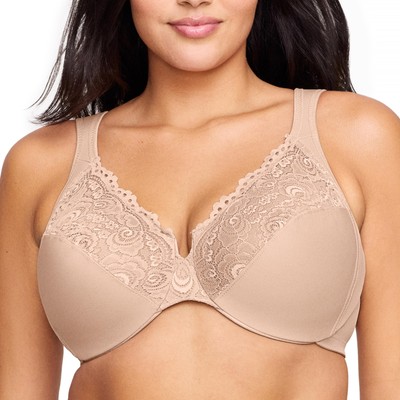 Glamorise Full Figure Plus Size Low Cut Wonderwire Lace Bra Underwire #1240 Café