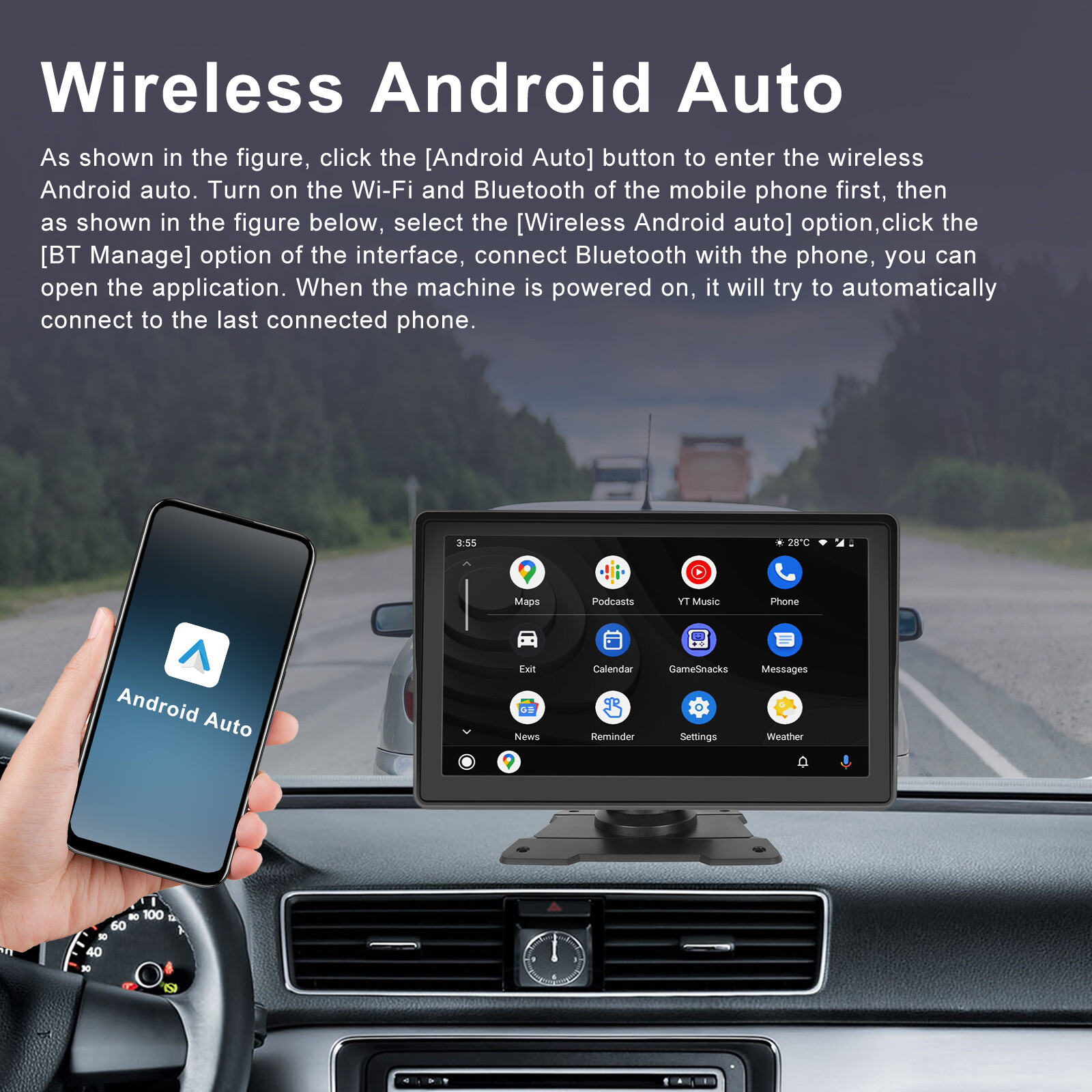 7" Portable Wireless Apple Carplay Car Stereo Android Auto BT Touch Screen Radio