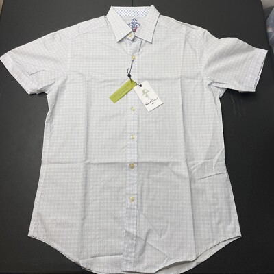 Robert Graham Mens Small Stars Designer Short Sleeve Button Shirt White Blue