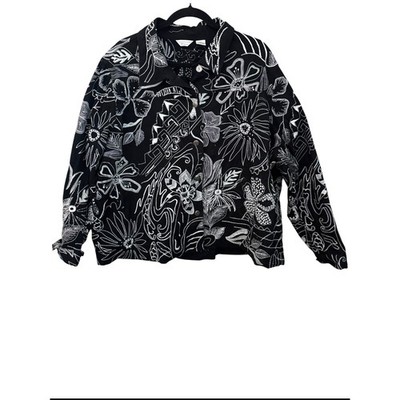 Black White Floral Embroidered Beaded Cotton 3X Jacket Whimsigoth Dark Fairy