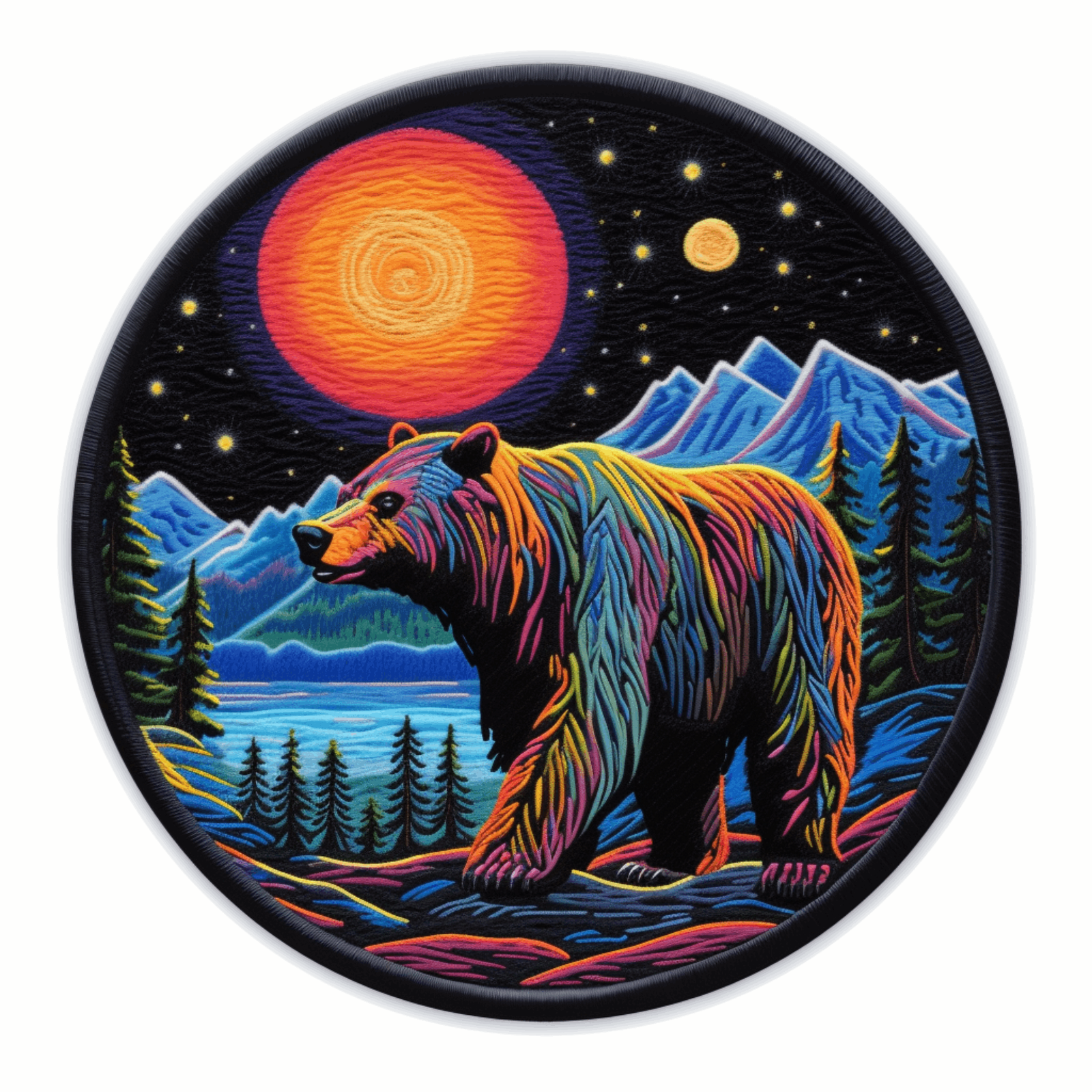 Grizzly Bear Patch Iron-on Applique Mountains Forest, Nature Scene, Moon & Stars