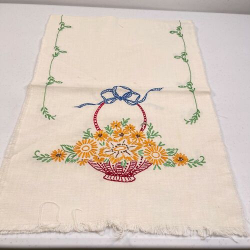 vintage table runner embroidered floral basket handmade rectangle 40x14 257-24