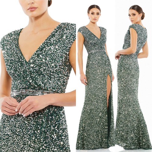 Pre-owned Mac Duggal Cap Sleeve Sequined High Slit V Neck Belted Gown Size 10 Green 5489