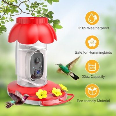 Hummingbird Feeder with Camera Auto AI Identify Capture Built-in Bee & Ant Proof