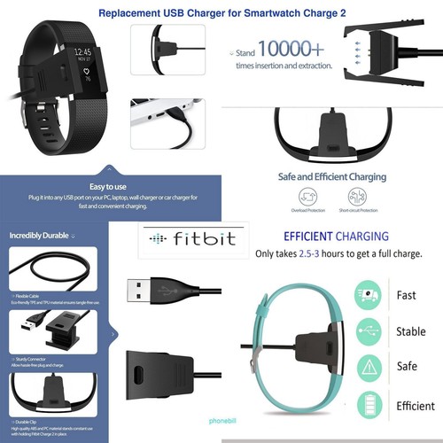 Charger For Fitbit CHARGE 2 Activity Wristband USB Charging Cable Cord Wire-NEW