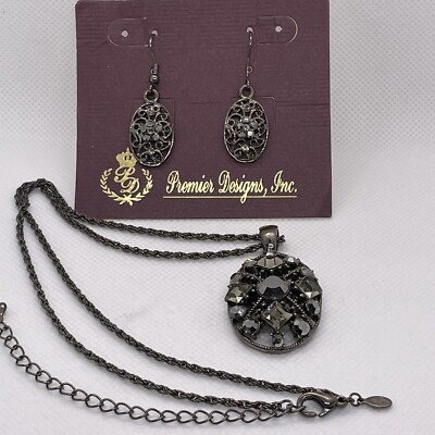 Premier Designs Center Stage Necklace And Earrings Set Gunmetal And Rhinestones