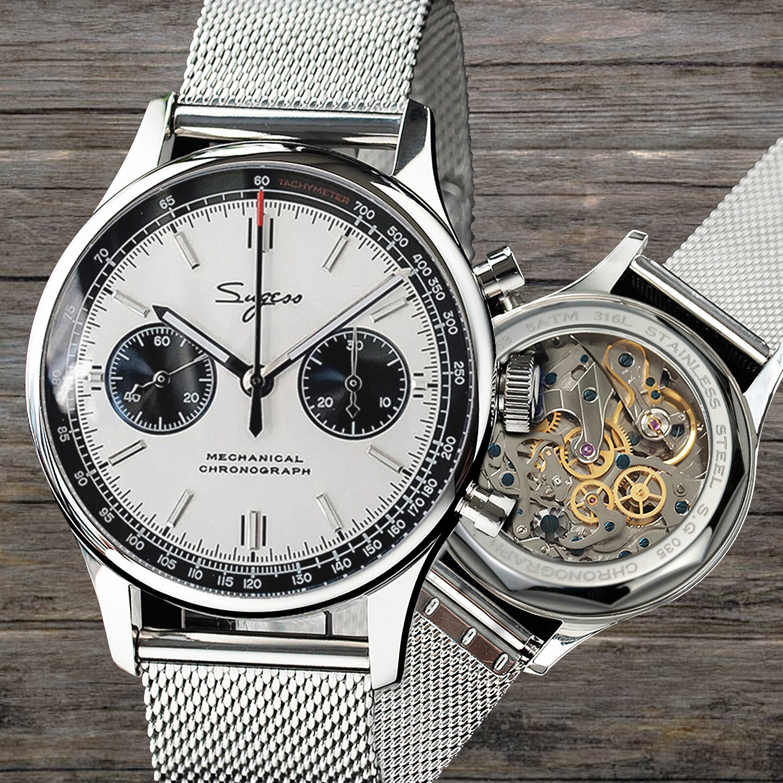 Pre-owned Sugess Chrono Hertiage Swanneck Milan Mesh Chrono Watch Seagull 1963 Supank021sn