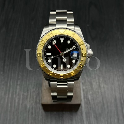 Custom Made YM GMT Style Watch Automatic Movement Black Dial Gold Bezel Steel
