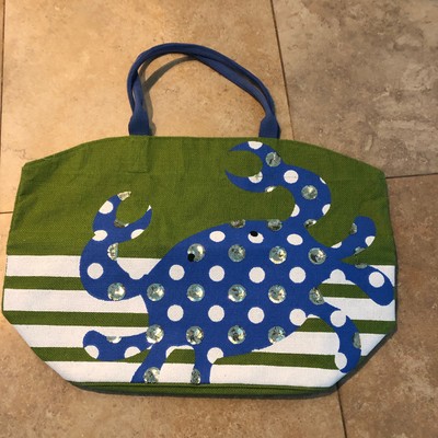 Mud Pie Oversized Jute Blue Crab Tote Bag Green Stripes with Sequin Googly Eyes