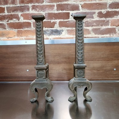 Antique Cast Iron Andirons Firedogs 1800s Victorian Lions Paw Ornate Hearth