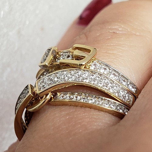 Pre-owned Buckle Wide Real 14k Yellow Gold Belt  Ring Size 56789 1.5 Carat Cz In White