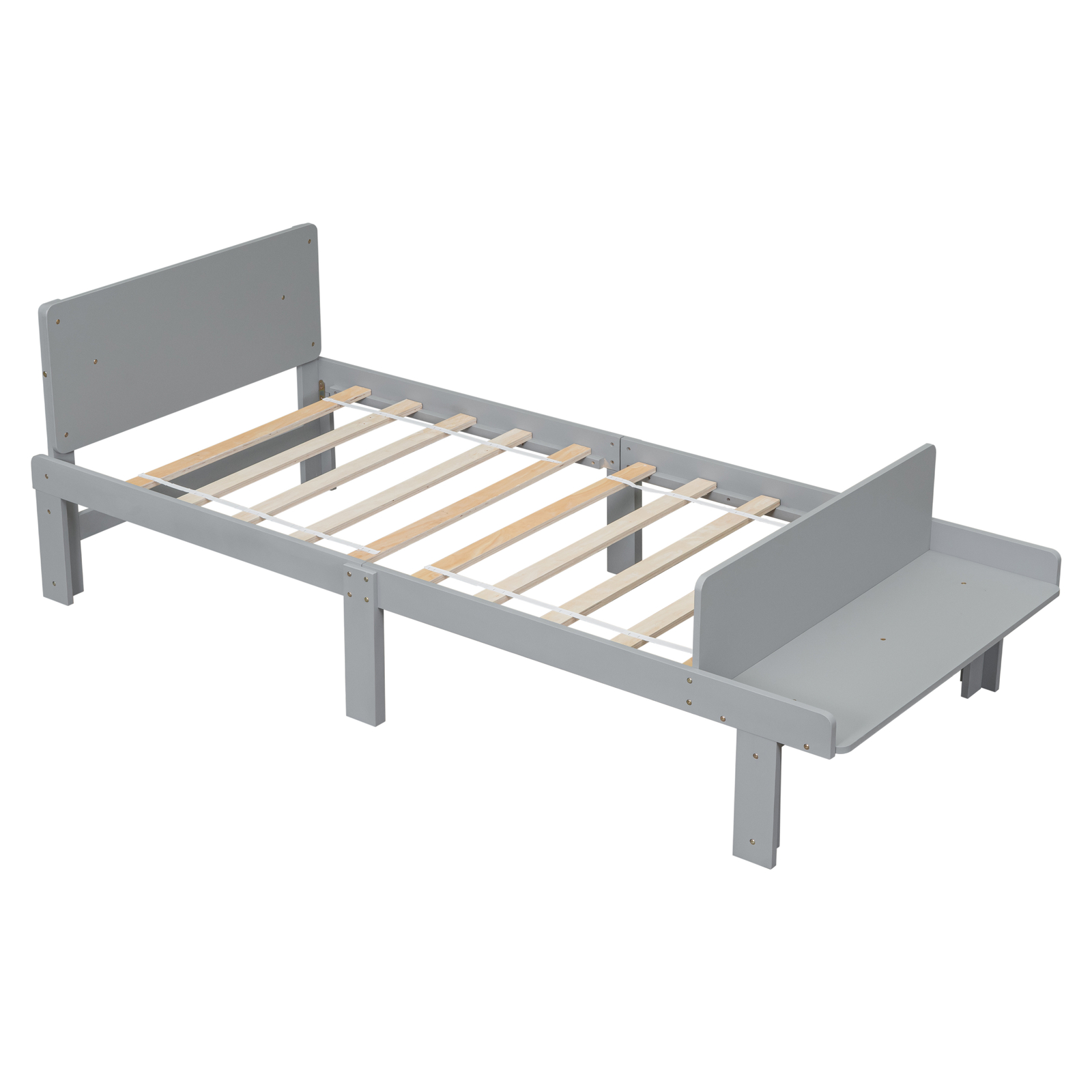 Modern Twin Size Bed Frame with Footboard Bench Wood Slatted Bedroom Grey