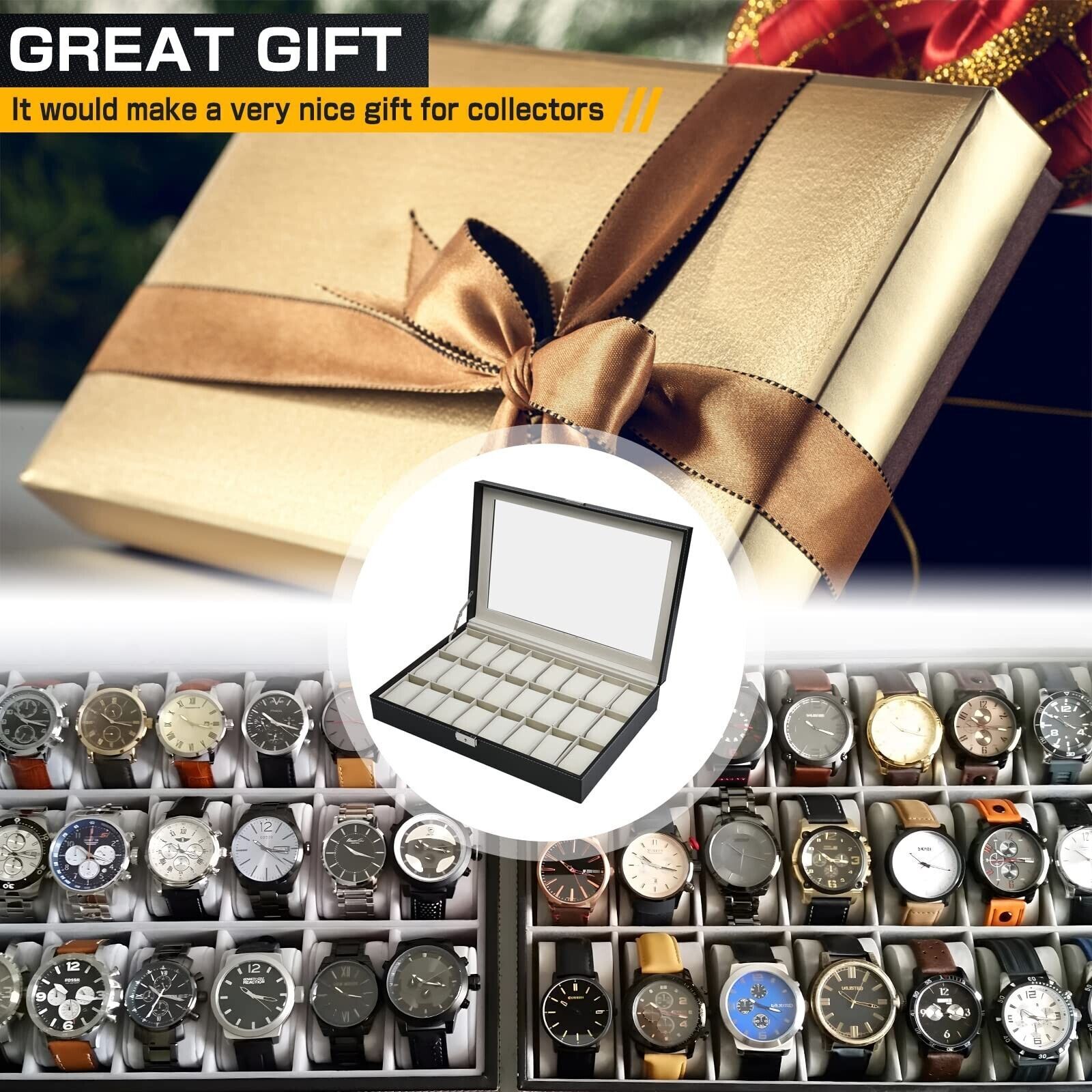 24 Slots Watch Box PU Leather Watch Case Organizer Watch Display Case Lockable