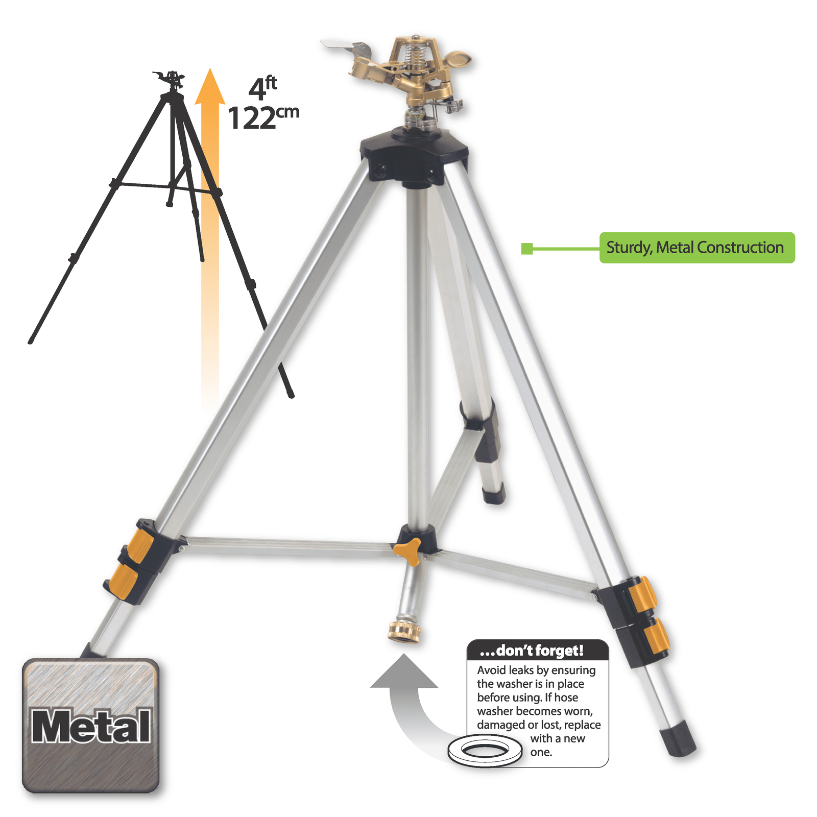 Tripod Pulsating Lawn Sprinkler Large Grass Watering Metal Head Yard Spray Hose