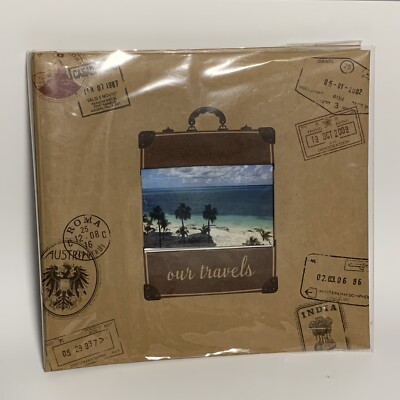OUR TRAVELS-PHOTO ALBUM Hardcover Passport Stamps Cutoff Cover 12.5x13 10 Sheets