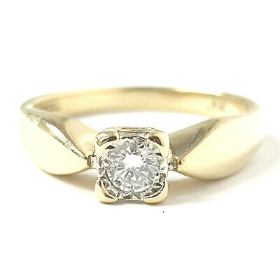 Gold Diamond Ring Ladies 9ct Solitaire Engagement Yellow 0.12ct Round Cut 1.9g