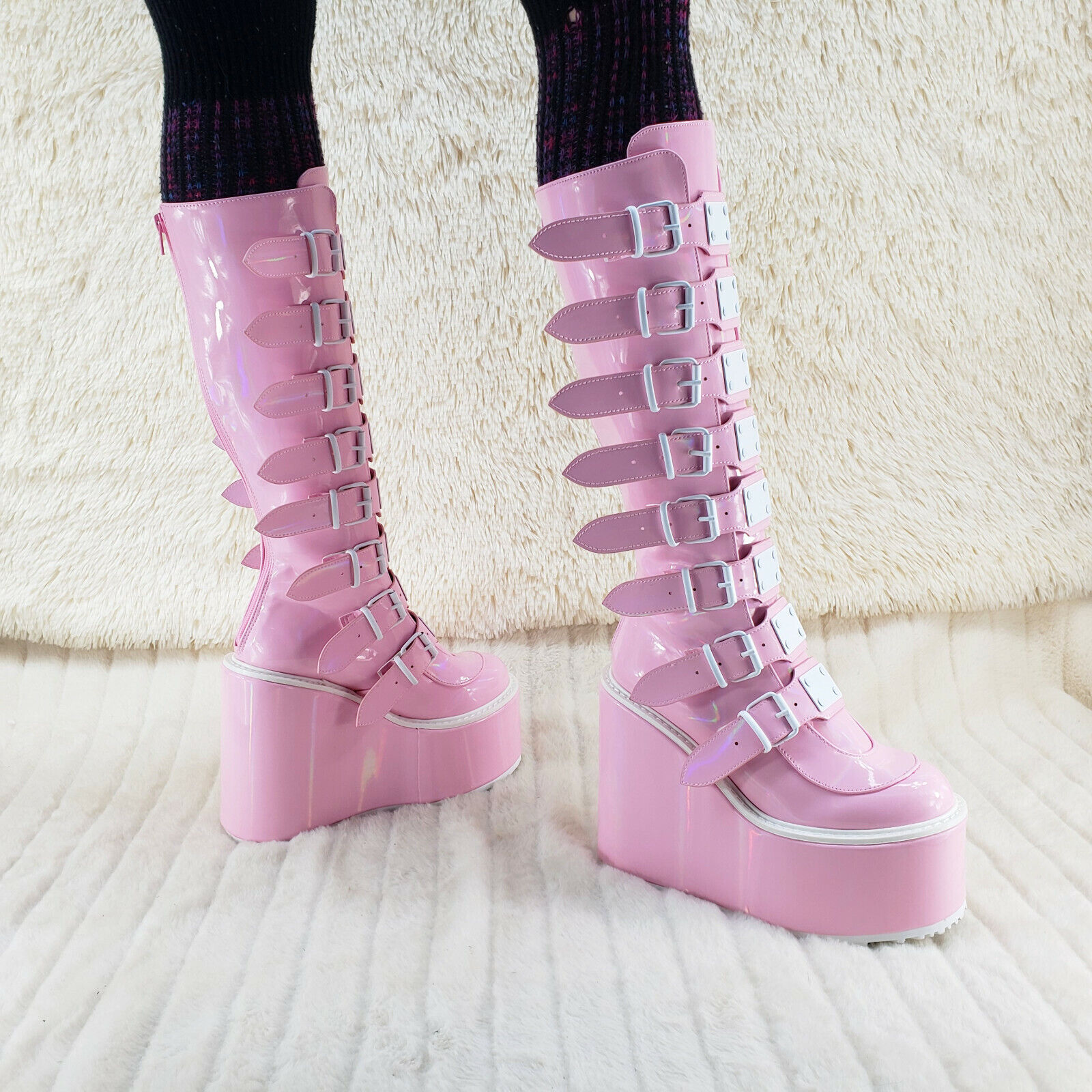 Trinity Swing 815 Pink Hologram Patent Goth Knee Boot 5.5 Trinity Swing 815 Pink Hologram Patent Goth Knee Boot 5.5