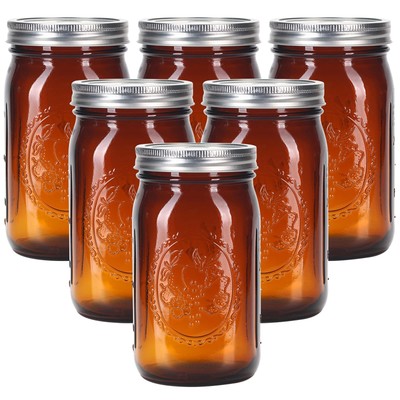 Amber Glass Mason Jars 32 oz Wide Mouth with Airtight Lids and Bands 6 Pack L...