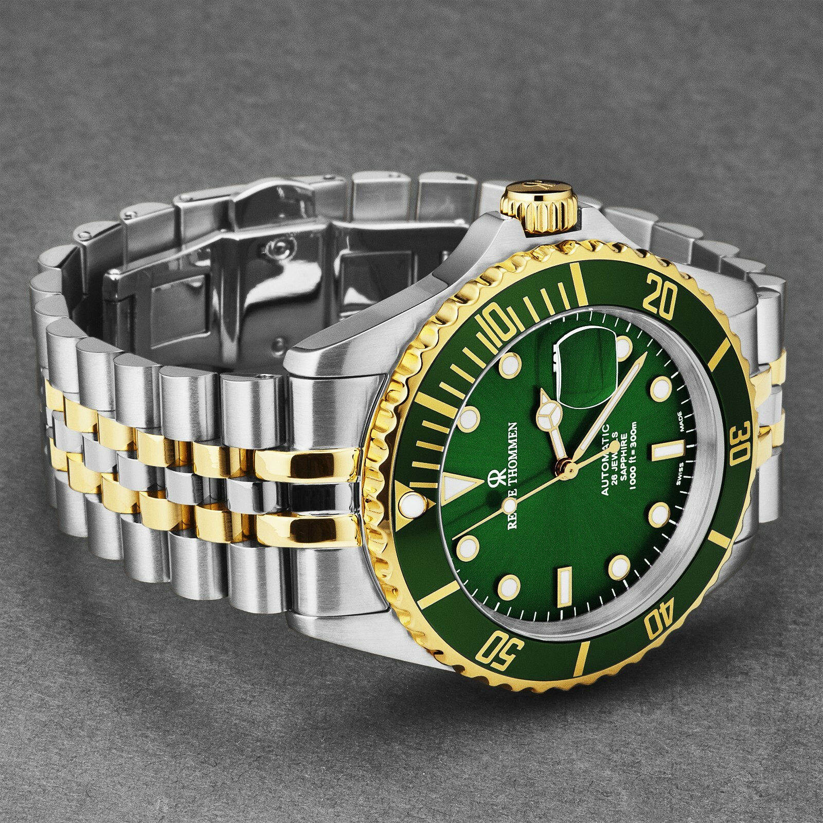 Pre-owned Revue Thommen Men's Diver Green Dial Two Tone Automatic Watch 17571.2244