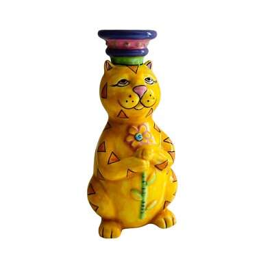 CM Redwine Ceramic Yellow Cat Candle Holder Orange Tabby Pacific Giftware 7 Inch