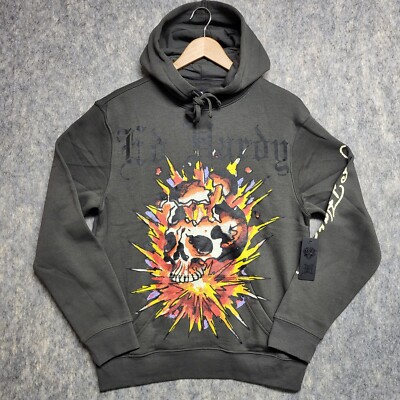 Ed Hardy Hoodie Mens Small Gray Retro Blast Skull Fleece Casual Streetwear Y2K