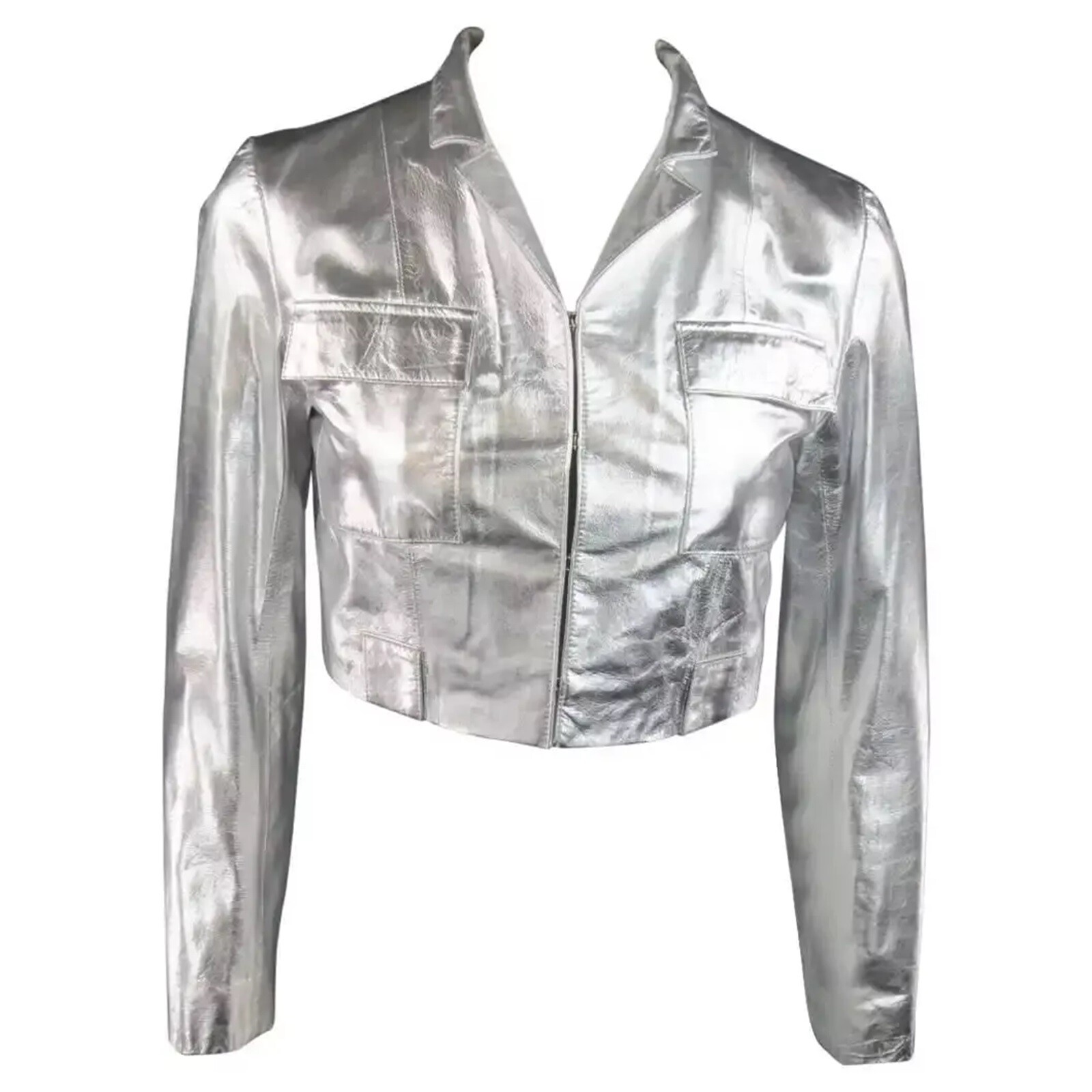 Women's Silver Leather Cropped Jacket 100% Real Lambskin