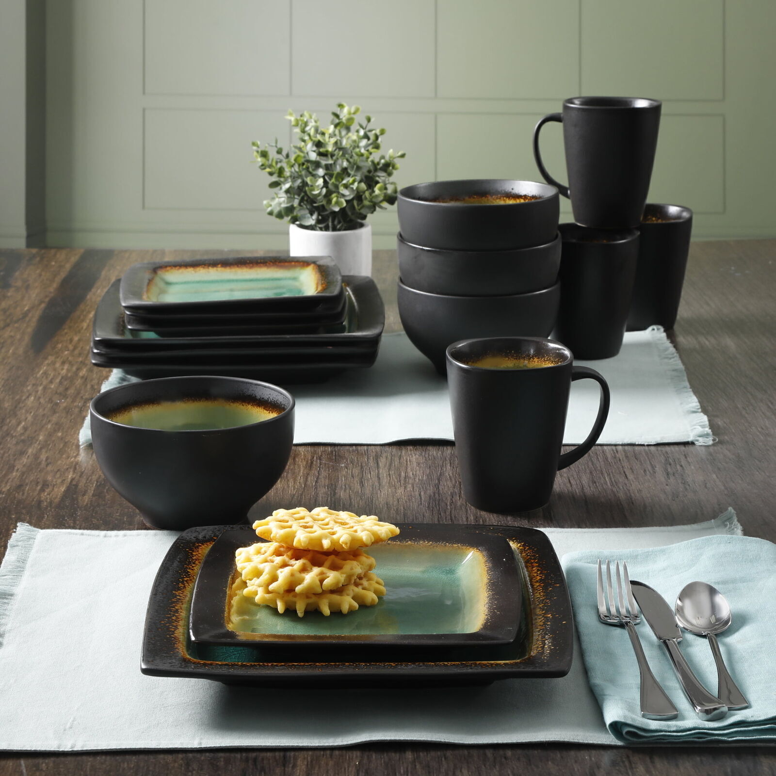 16-Piece Dinnerware Set , Service for 4,Dinner Dessert Bowls Mugs , Stoneware