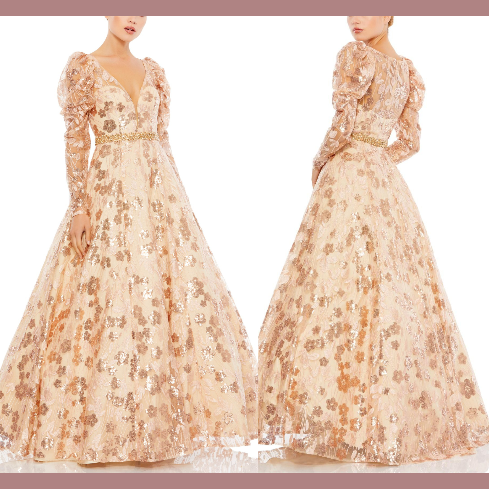MAC DUGGAL 新作！1枚でゆったりと着れて美しいロングドレスNude Beige Sequined Drop Shoulder Gown - Mac Duggal