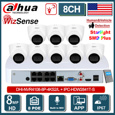 Dahua 8CH 8POE NVR 8MP IR Starlight Eyeball IP Camea Mic Lot IPC-HDW2841T-S Lot