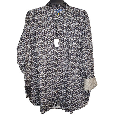 Luchiano Visconti Black Mens Blue Green Limited Print Long Dress Shirt SZ 3XLB