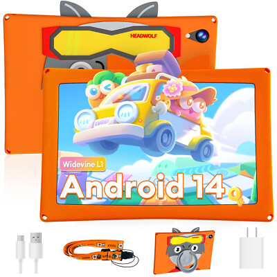 Headwolf Kids Tablet 10.1'' Android 14 Tablets for Kids 128GB Bundle Case BT WiFi