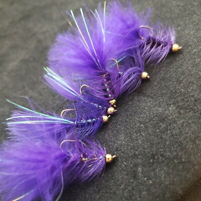 FLY FISHING FLIES BEAD HEAD FLASH A BUGGER PURPLE # 12 CUSTOM TIED