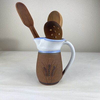 Steve Ashley Pitcher Terra Cotta Wheat Signed 1991 W Hand Carved Wood Utensils.