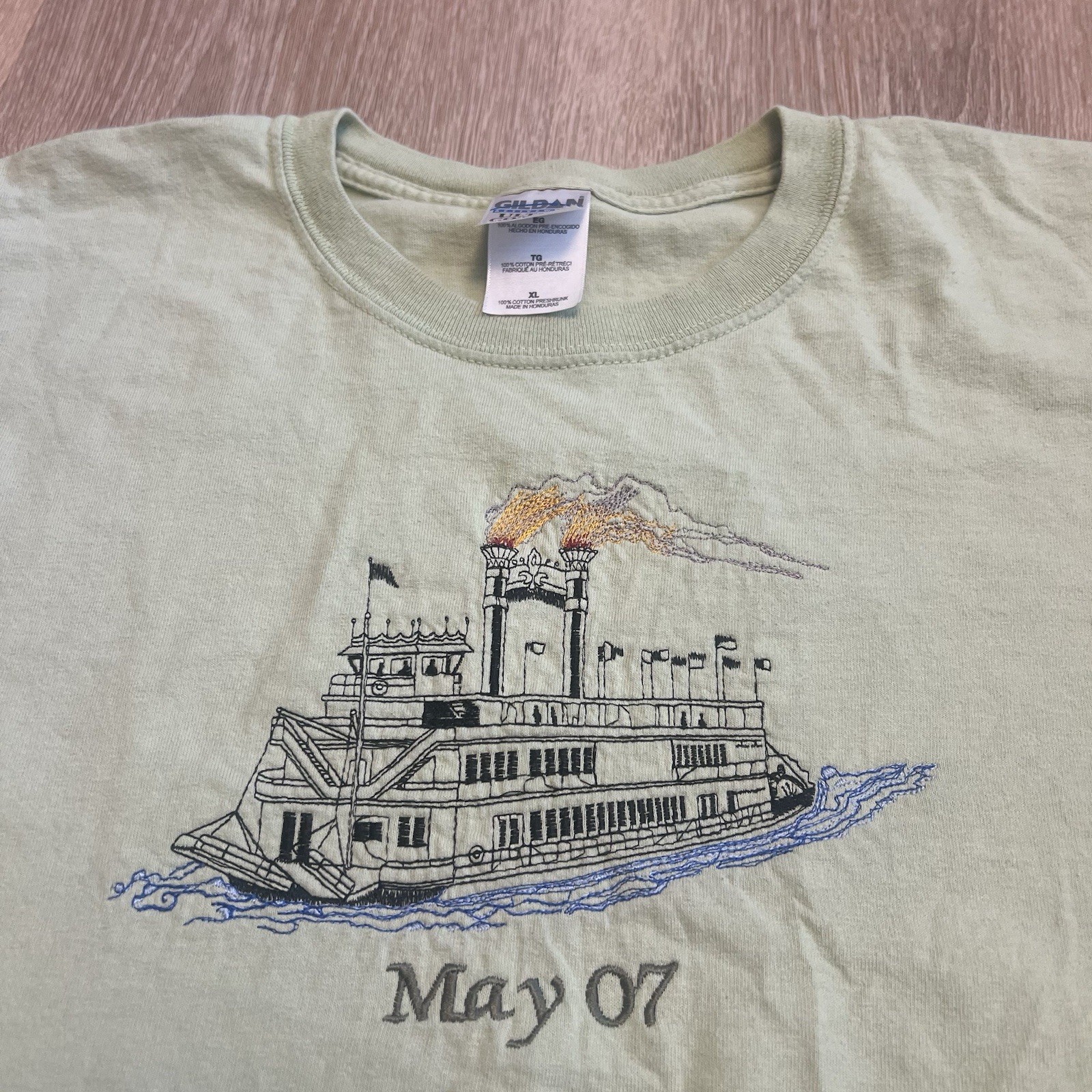 Vintage Paddle Boat Embroidered T-Shirt Lime Green Size XL Heavy Weight May 7th