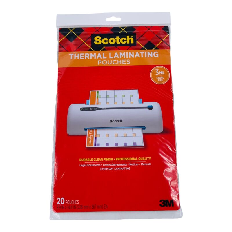 3M Scotch Legal Size Thermal Laminating Pouches, 3 mil, 8.9" x 14.4", 20/Pack