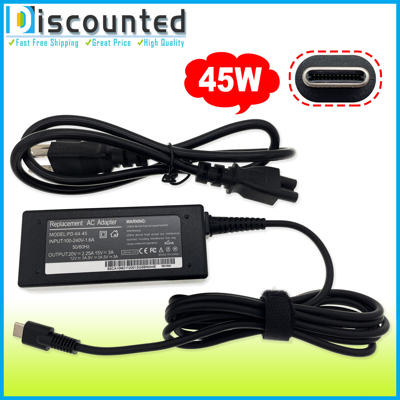 Charger For Dell Xps 13 9350 9360 9365 9370 9380 45w Type C