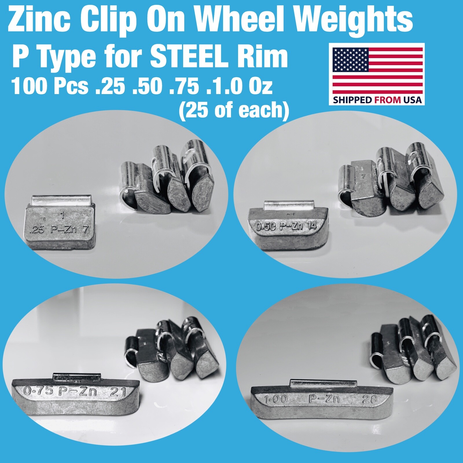 100 Pieces Zn Clip On Wheel Weights .25 .50 .75 1.0 (25 Each) Steel Rim