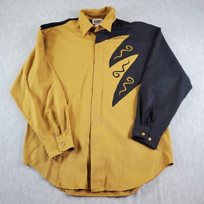 Vtg Division 10 Shirt Mens Medium Black Gold Retro 90s Abstract Button Up  