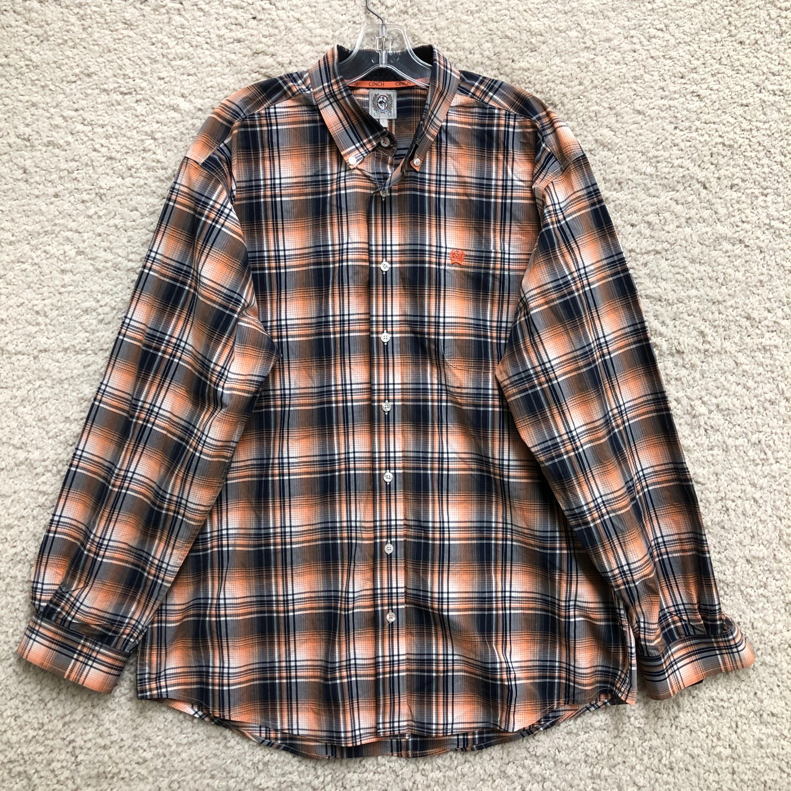 Cinch Button Down Shirt Large Adult Orange Plaid Short Sleeve Cowboy Western Men