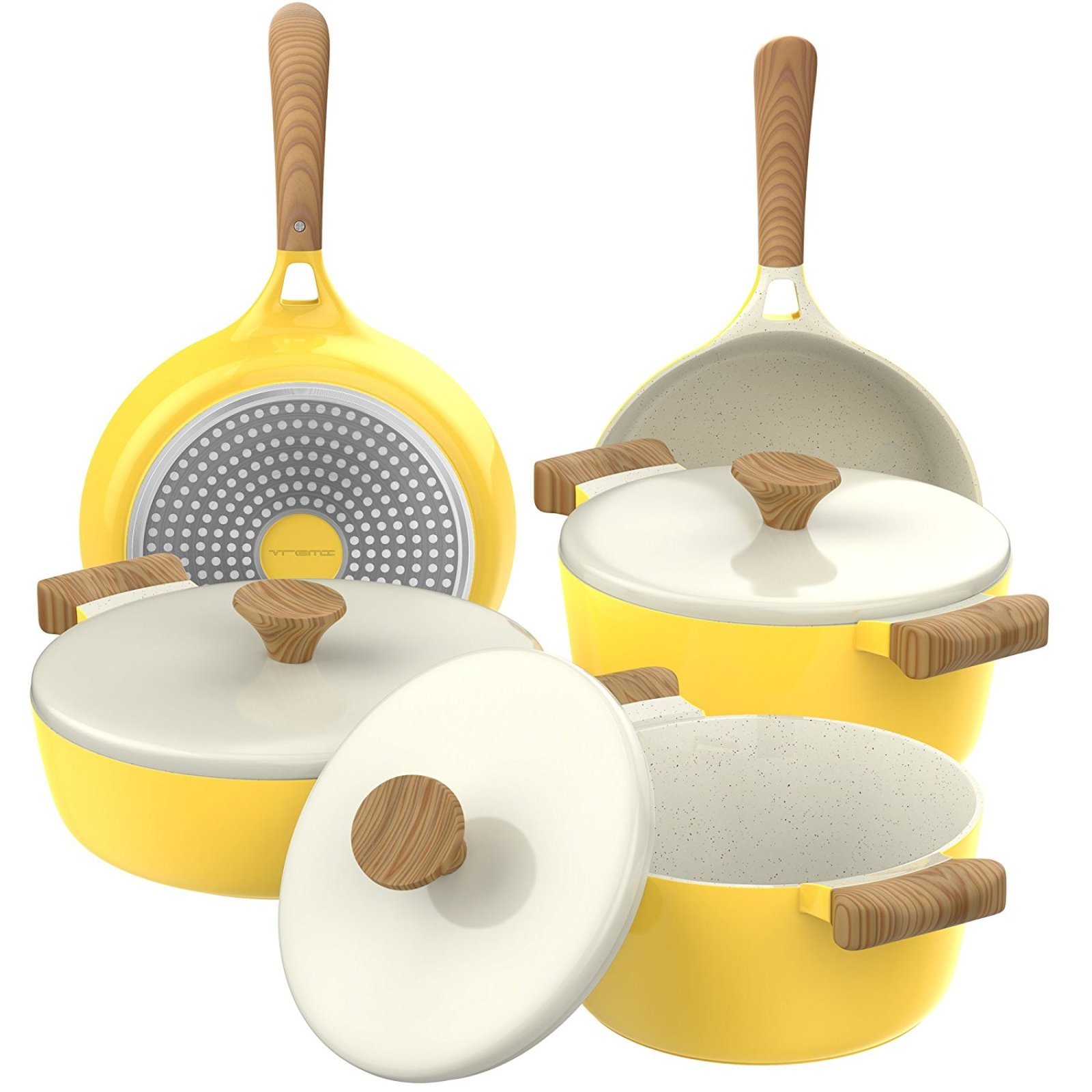 Yellow Ceramic  Cookware  Nonstick Induction Pots Pan  Wood  