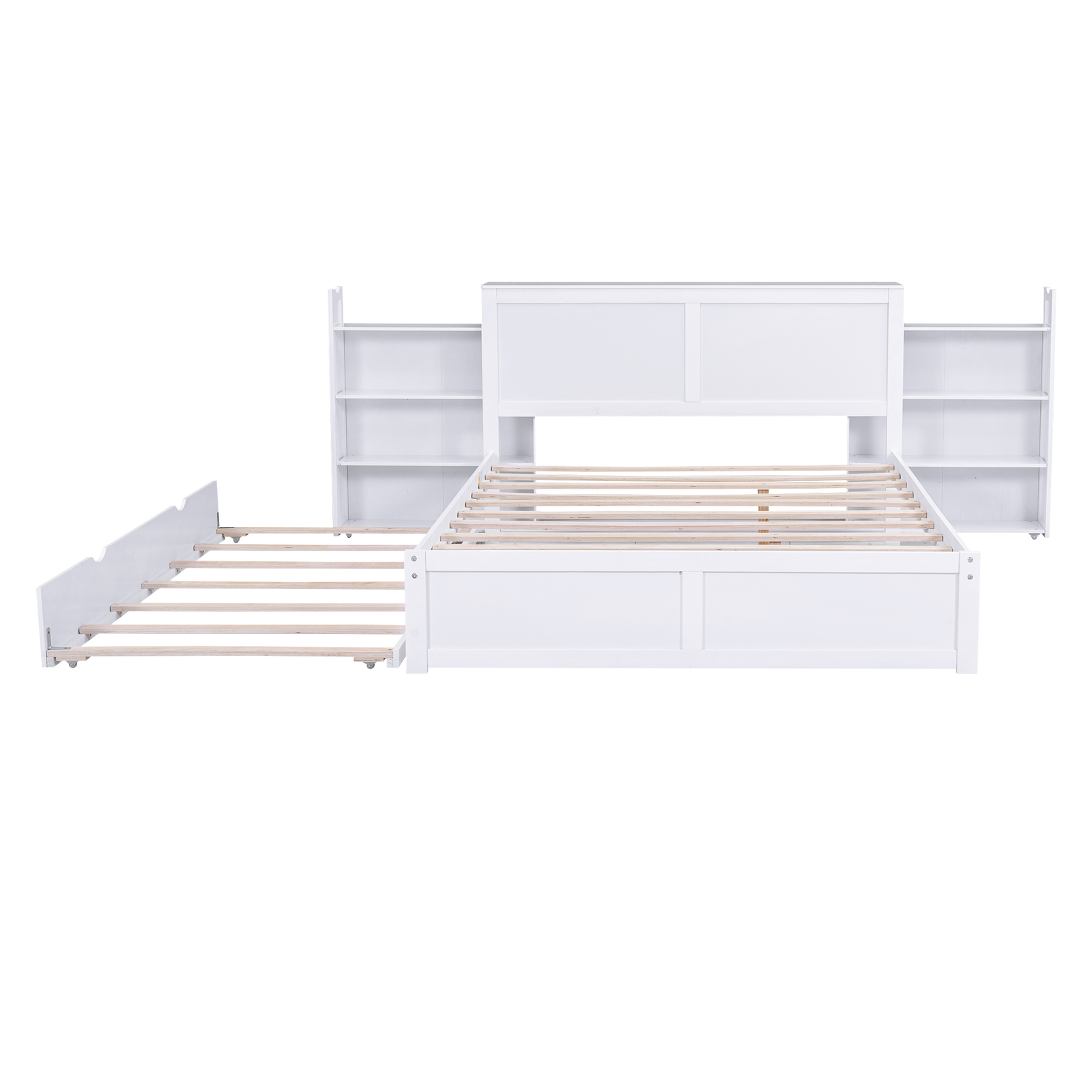 Queen Size Storage Platform Bed Frame with Twin XL Size Trundle Pull Out Shelves
