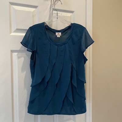 Worthington Womens Pretty Blue Ruffle Short Round Neck Top Size PL