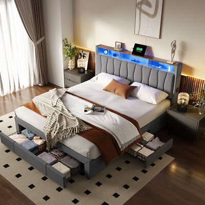 TAUS Queen Size Bed Frame, Storage Bed Frame with  Drawers & LED Ligh