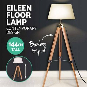 Modern Vintage Retro Floor Lamp Bamboo Tripod Linen Shade Wooden