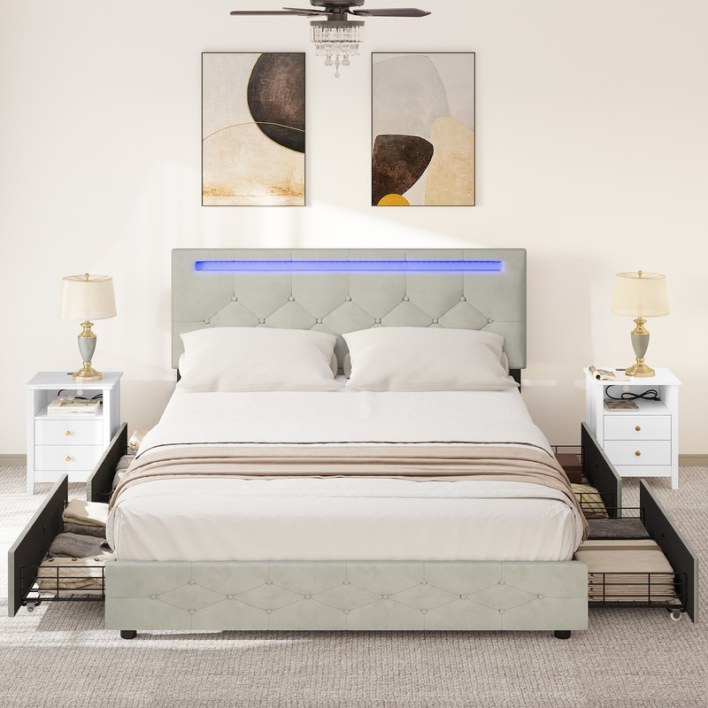 Adjustable Upholstered Headboard Platform W/4 Drawers